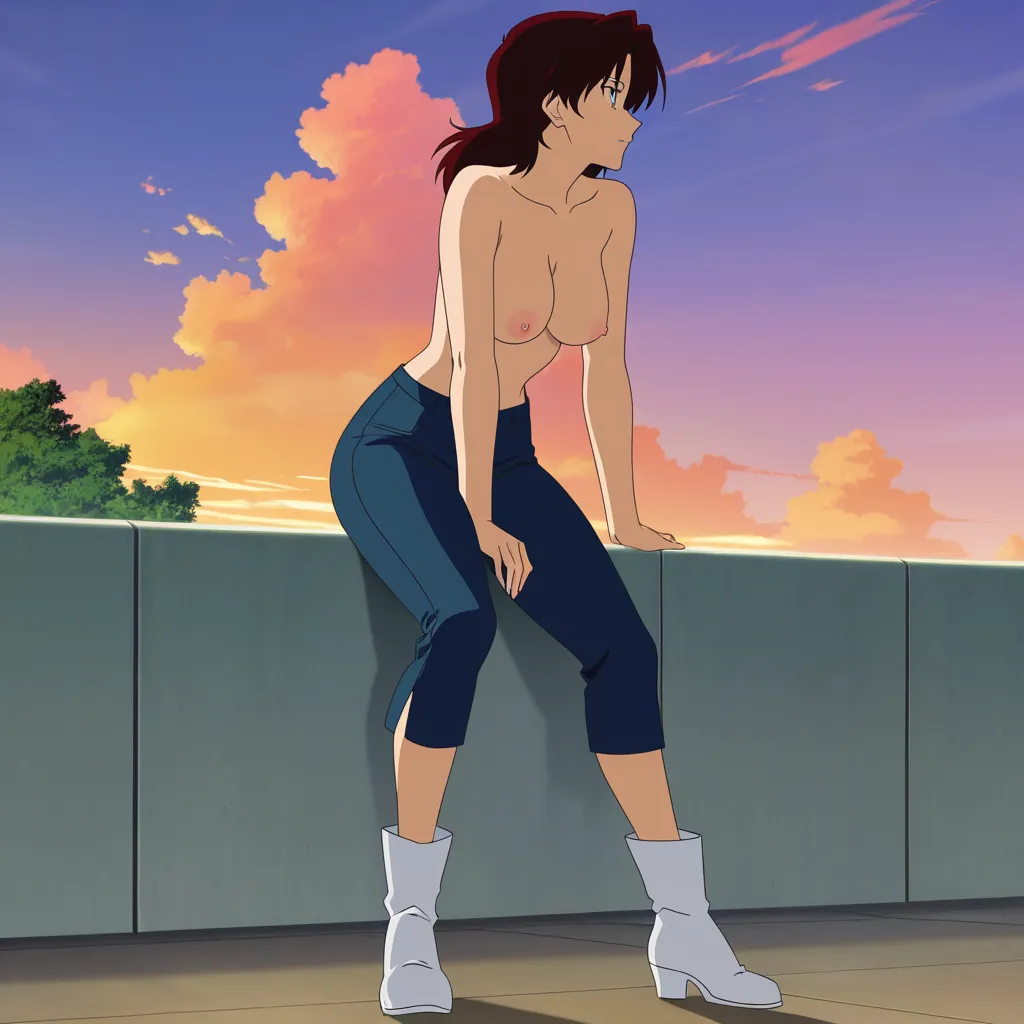 absurdres, highres, mature female, topless, white footwear, boots, sky, anime style, (anime style:1.3), 2d, anime screencap, cel shading, flat color