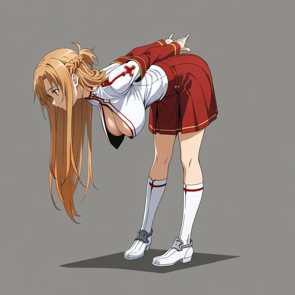 Yuuki Asuna From Sword Art Online, Standing, Uniform, no bra, hanging breast, Unbutton Uniform, looking away, Falling Breast, Full Body View, hentai_studio_quality