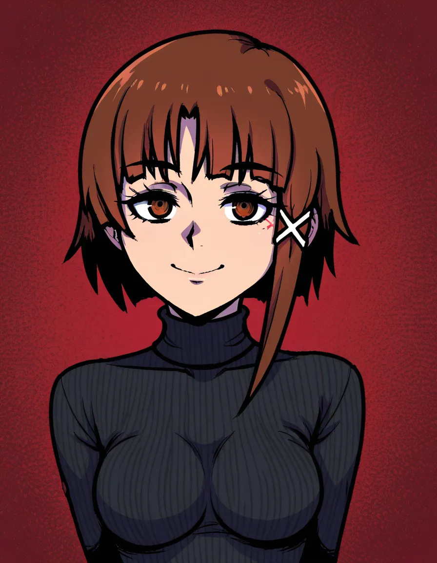 akairiot_artstyle, @iwakura_lain, serial_experiments_lain, 1girl, solo, brown_hair, short_hair, single_sidelock, hair_ornament, hairclip, x_hair_ornament, asymmetrical_hair, brown_eyes, aged_up, smile, medium_breasts, black_sweater, turtleneck_sweater, cleavage_cutout, looking_at_viewer, hentai_studio_quality