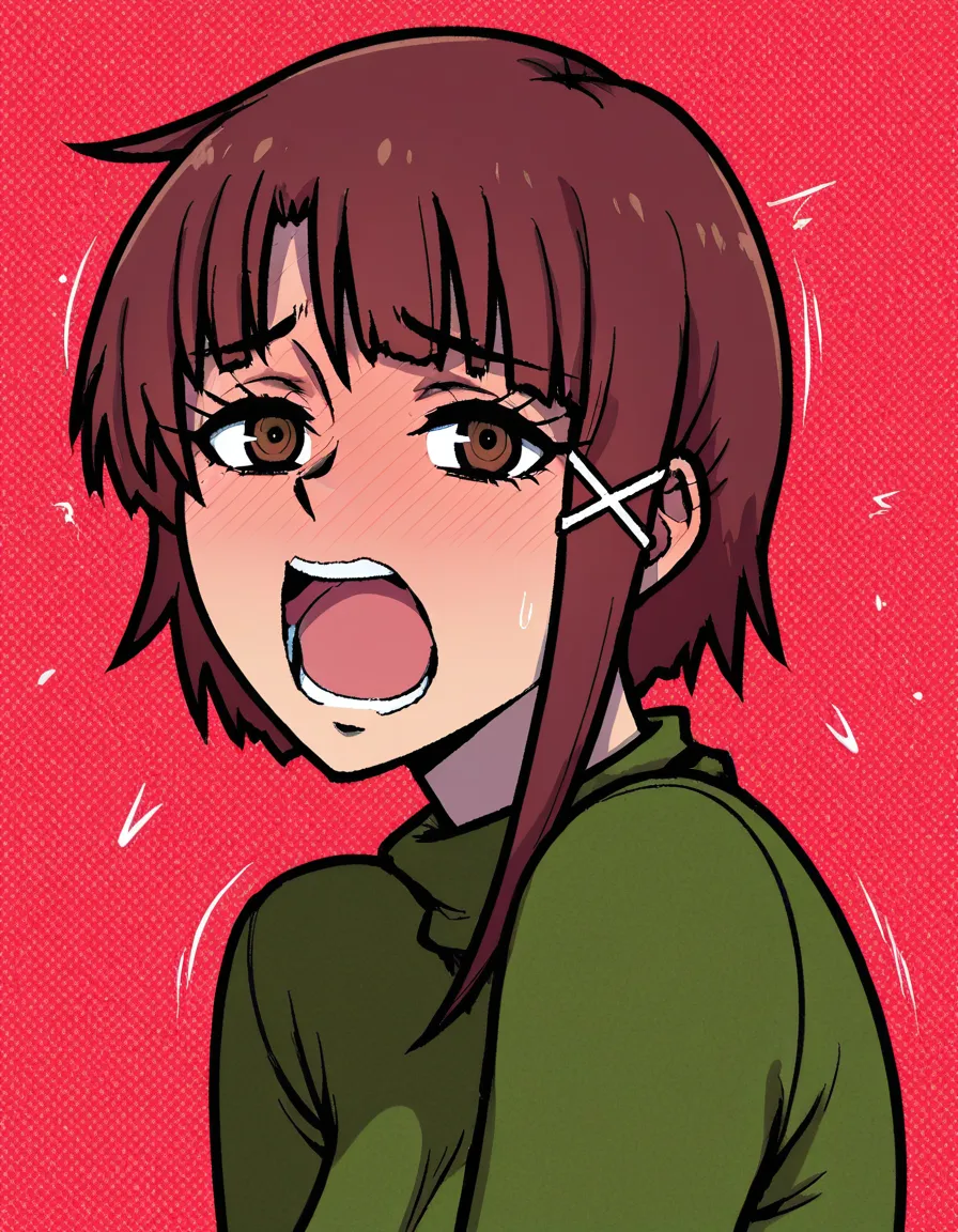 akairiot_artstyle, @iwakura_lain, serial_experiments_lain, 1girl, solo, brown_hair, short_hair, single_sidelock, hair_ornament, hairclip, x_hair_ornament, asymmetrical_hair, brown_eyes, aged_up, full-face_blush, moaning, small_breasts, sex, missionary, looking_at_viewer, eye_contact, pov, hentai_studio_quality