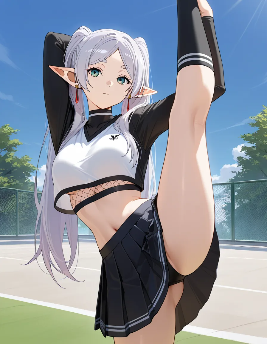 /masterpiece /ultra_detailed /highres @frieren #leg_up #crop_top #skirt #stretching #outdoors #facing_viewer, hentai_studio_quality
