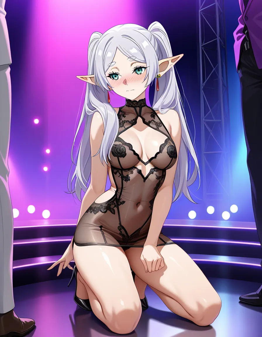 /masterpiece /ultra_detailed /highres frieren #nightclub #public_indecency #kneeling #high_heels #short_dress #revealing_clothes #see-through_clothes #lingerie #embarrassed, hentai_studio_quality, hentai_studio_quality