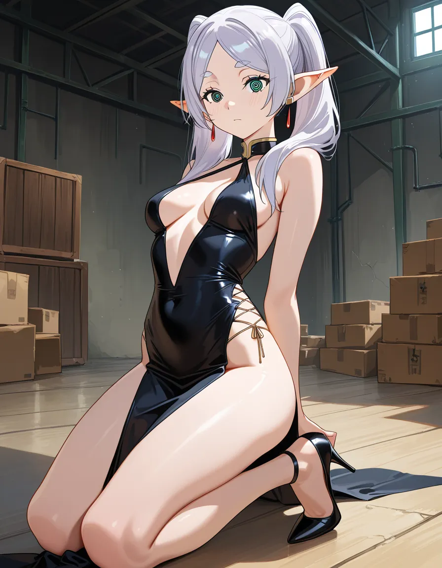 /masterpiece /ultra_detailed /highres frieren #warehouse #kneeling #high_heels #short_dress #revealing_clothes #@_@ #looking_up, hentai_studio_quality