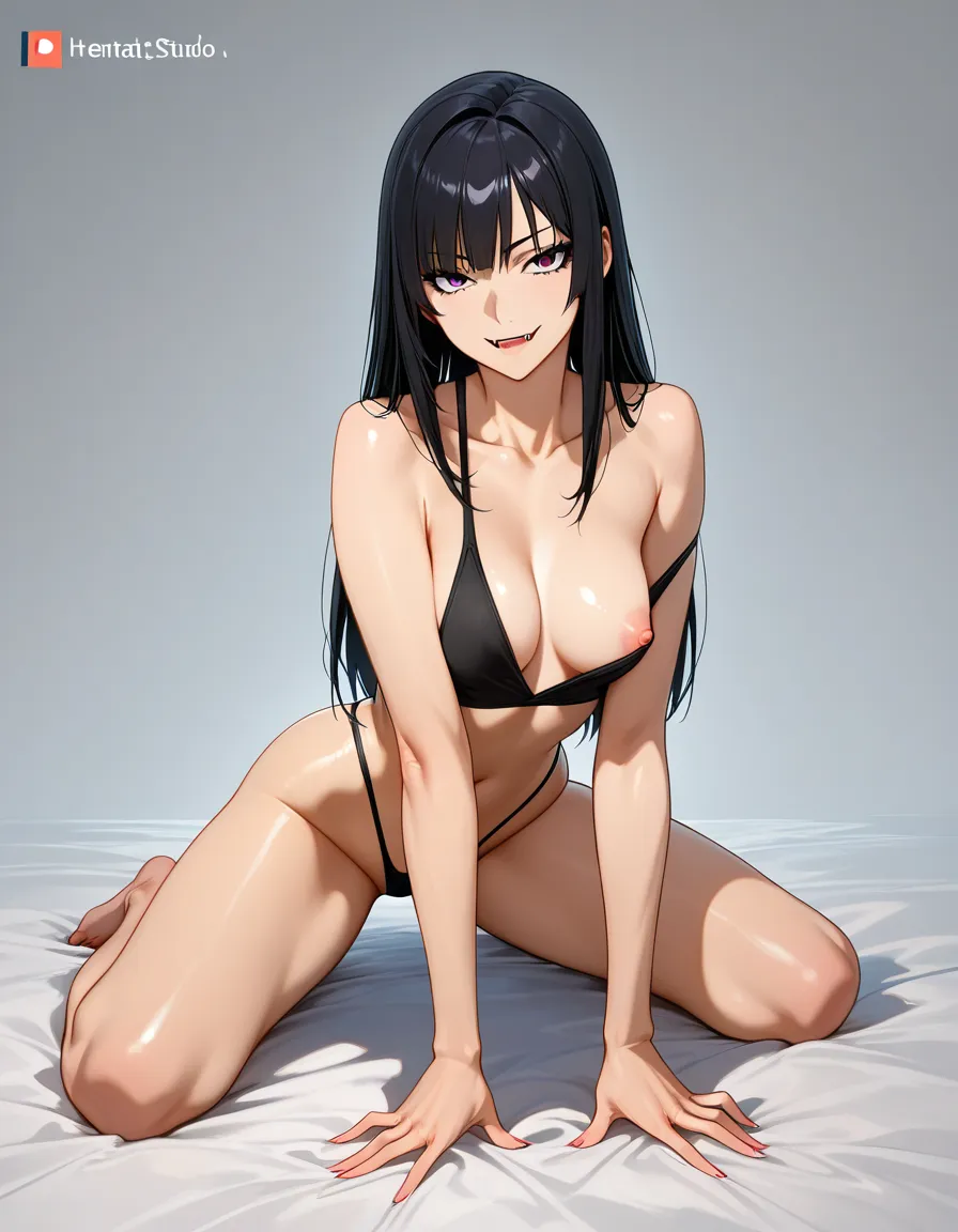 highres, straight_hair, black_hair, looking_at_viewer, seductive_smile, highleg_panties, nipple_slip, female, small_breasts, fangs, hentai, full_body, hentai_studio_quality, hentai_studio_quality