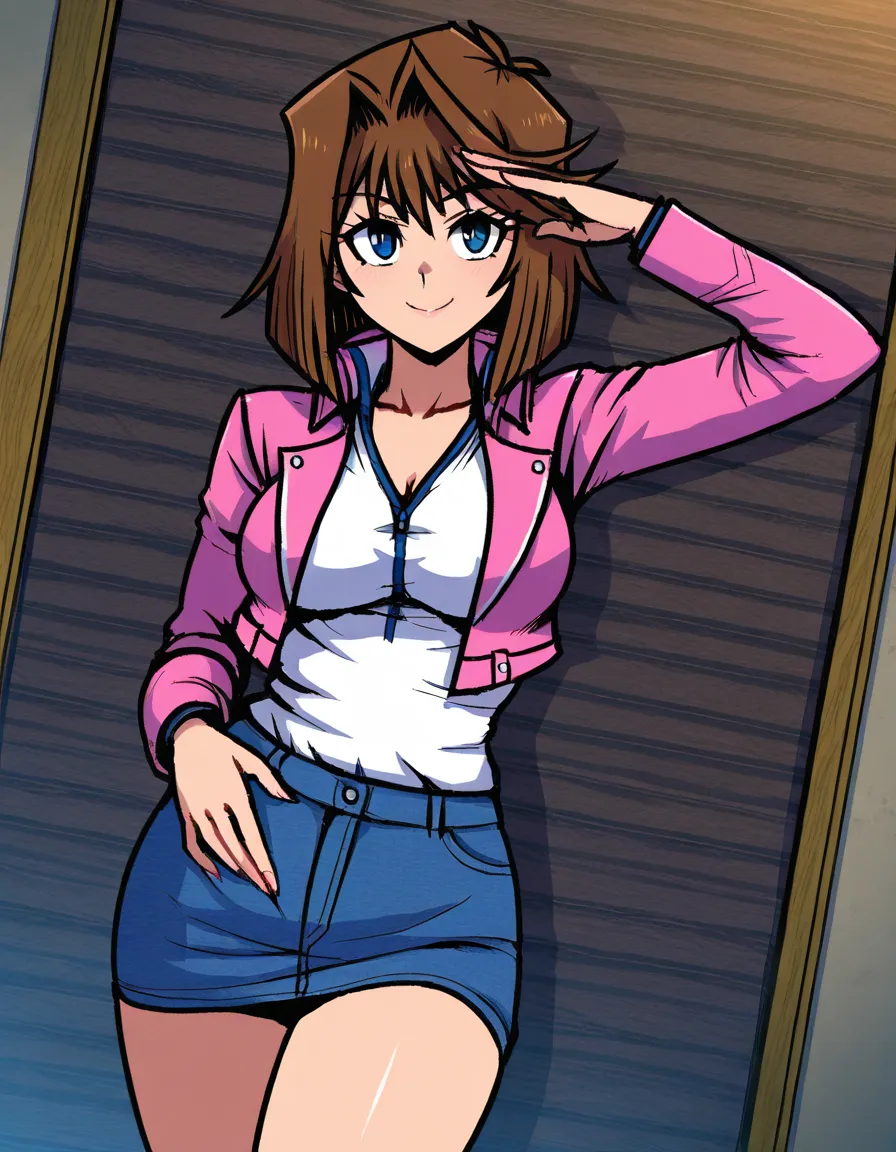 /masterpiece, /ultra_detailed, #akairiot_artstyle, @mazaki_anzu, yu-gi-oh!, yu-gi-oh!_duel_monsters, 1girl, solo, short_hair, brown_hair, blue_eyes, blush, smile, domino_high_school_uniform, pink_jacket, blue_skirt, skirt_lift, lifting_own_clothes, ass, no_panties, full_body, standing, looking_back, from_behind, hentai_studio_quality