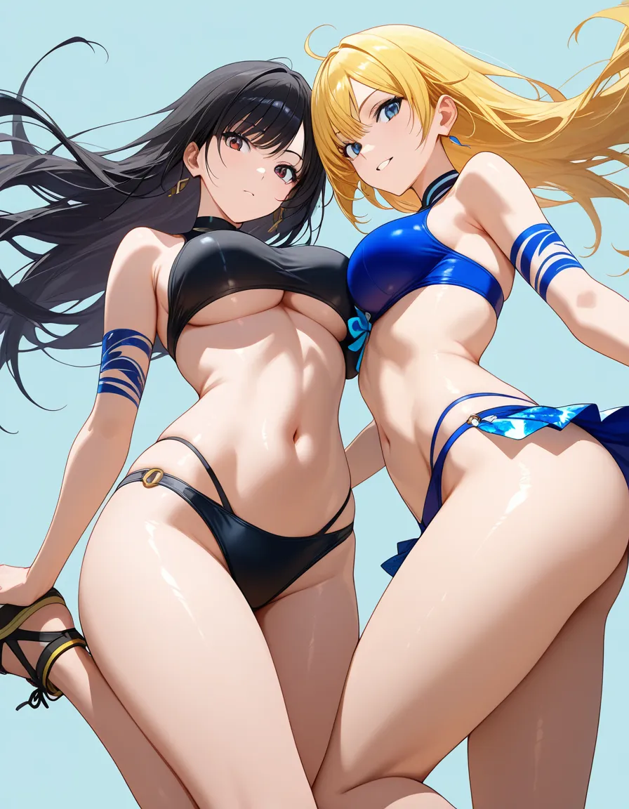 highres, vivid, 2girls, leg up, stomach, floating hair, hentai style, hentai_studio_quality