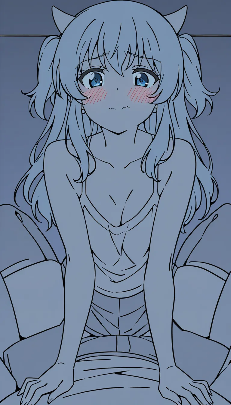 Make a hot girl with devil horns doing cowgirl on a hot blushing furiously boy