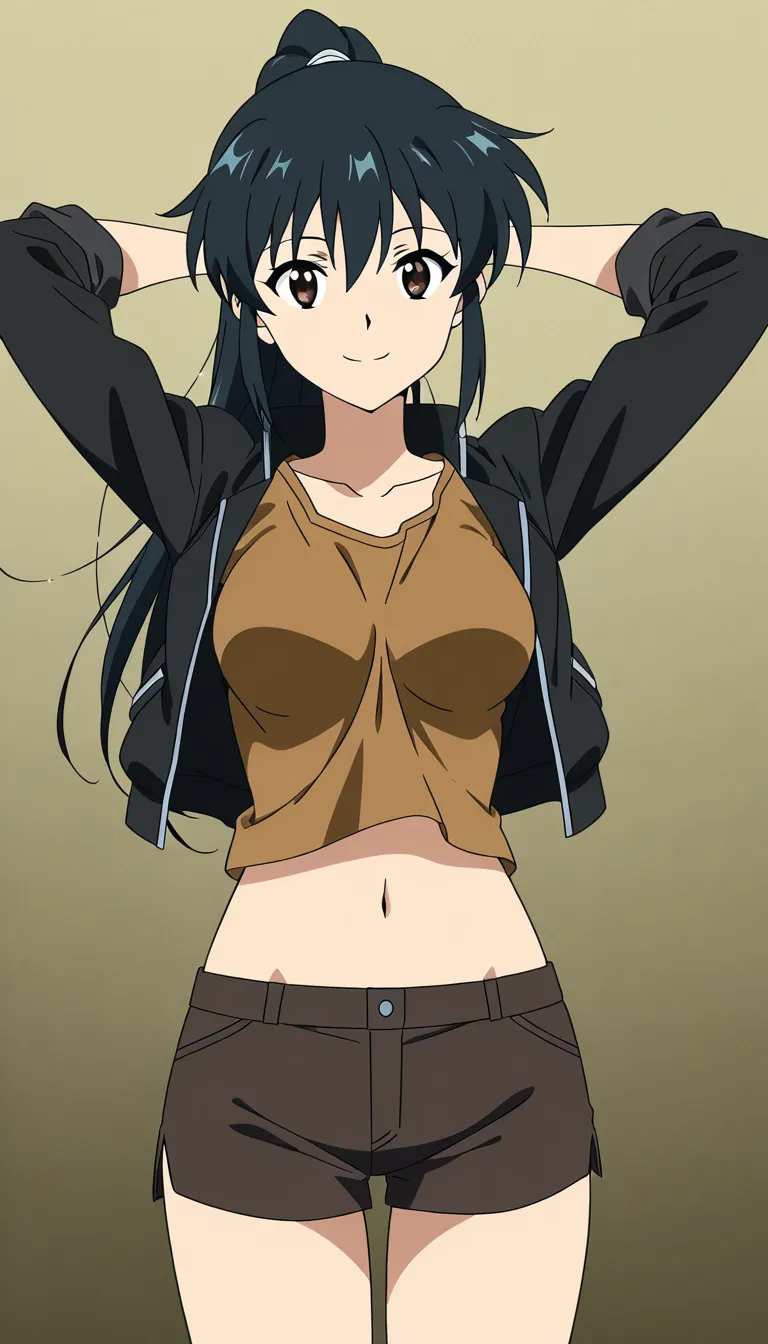 1girl, solo, black hair, dark brown eyes, ponytail, smile, medium breasts, long hair, standing, midriff, navel, arms up, arms behind her head/neck, thighs, black midriff medium jacket, brown t-shirt with white stripe, orange panties, crotch, panty crotch, crotch_seam pov, looking_at_viewer, from_below, looking_down showing her panty crotch on you
she showing you only her panties, showing her panty crotch on you, then she continue to showing her panties but only showing her panty crotch while standing, she began dancing her panties but only dancing her panty crotch while standing, her panty crotch of her panties will shake when it dance slowly while standing, then she stop moving to showing her panty crotch of her panties on you while standing and don't move