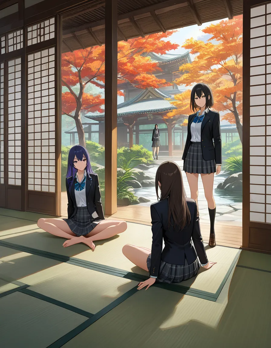 masterpiece, clean art, 3girls, skirt, spread legs, wide shot, manga panel look, hentai_studio_quality