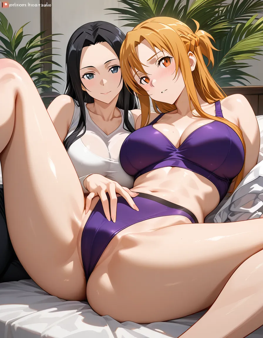 spread_legs, 2girls, milf, lesbian, sword art online, hentai_studio_quality