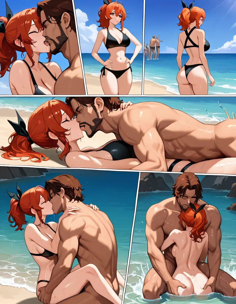 1girl with orange ponytail hair tied in red hair_ribbon wearing bikini, 1guy with dark brown wavy surfer hair with facial hair wearing black tank top and nude bottom, height_difference, lustful expressions 

Beach, sex in water, public sex, other people having sex in the background  

Sex, kissing, intense kissing, wet with saliva kissing, sharing saliva, french_kiss, breasts_out, nipples, breast massage, breast_sucking, erect penis, dripping pussy, drunk 

Masterpiece, hentai_studio_quality