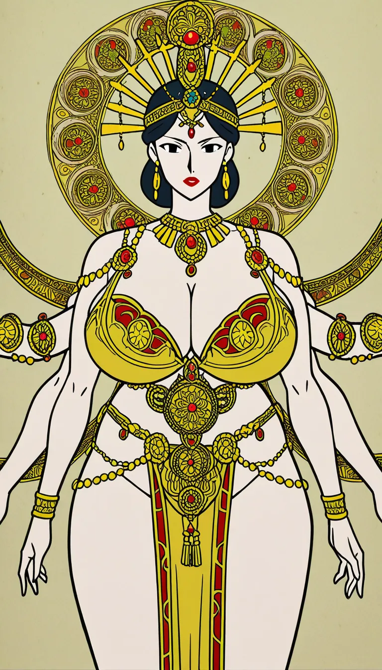 1 Adult Mother Goddess with multiple arms, ethnicity Hindu, Bengali, red lipstick, Accurate Anatomy, symmetrical body structure, Big chest, Thick thighs and arms, thick pelvis, tight fitting bra with intricate patterns, Adorned Heavily in Indian Ornaments, black eyes, POV Sex, Symmetrical Straddling Position, Having sex with viewer, prominent vagina, big all around Mukut Crown, devine radiance, Calm and Graceful Expression, confident smile with hooded eyes, flowers around in Symmetrical order, holding flowers, floral necklace, semi realistic, (Seed:::562460403)