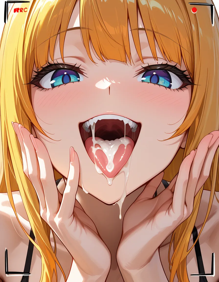 Selfie, cum_in_mouth, tongue, girl, hands_up, smile, hentai_studio_quality