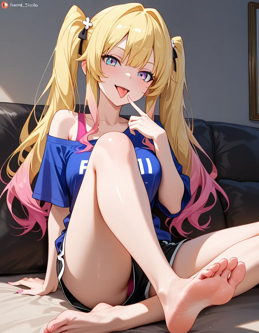 Blonde pink highlights cross legged with soles showing and tongue out, hentai_studio_quality