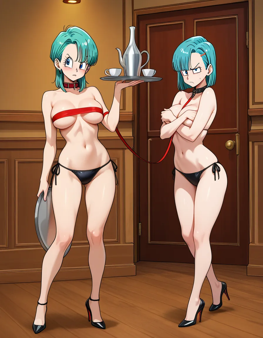 @bulma, short_hair, side-tie_bikini_bottom, topless, high_heels, annoyed, leash, covering_breasts, holding_tray, tray, serving, hentai_studio_quality