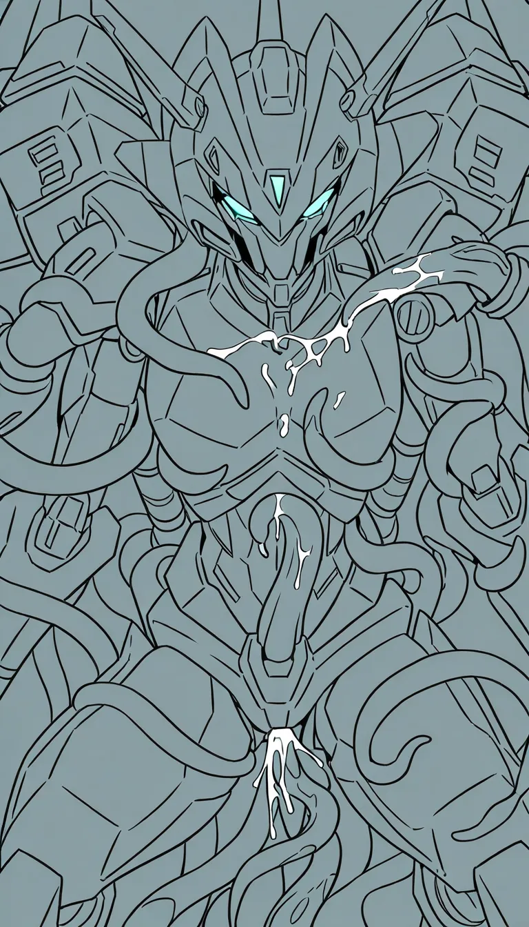 mech stand in battle field,tentacle grab mech,tentacle fuck mech,another tentacle cum on body mech