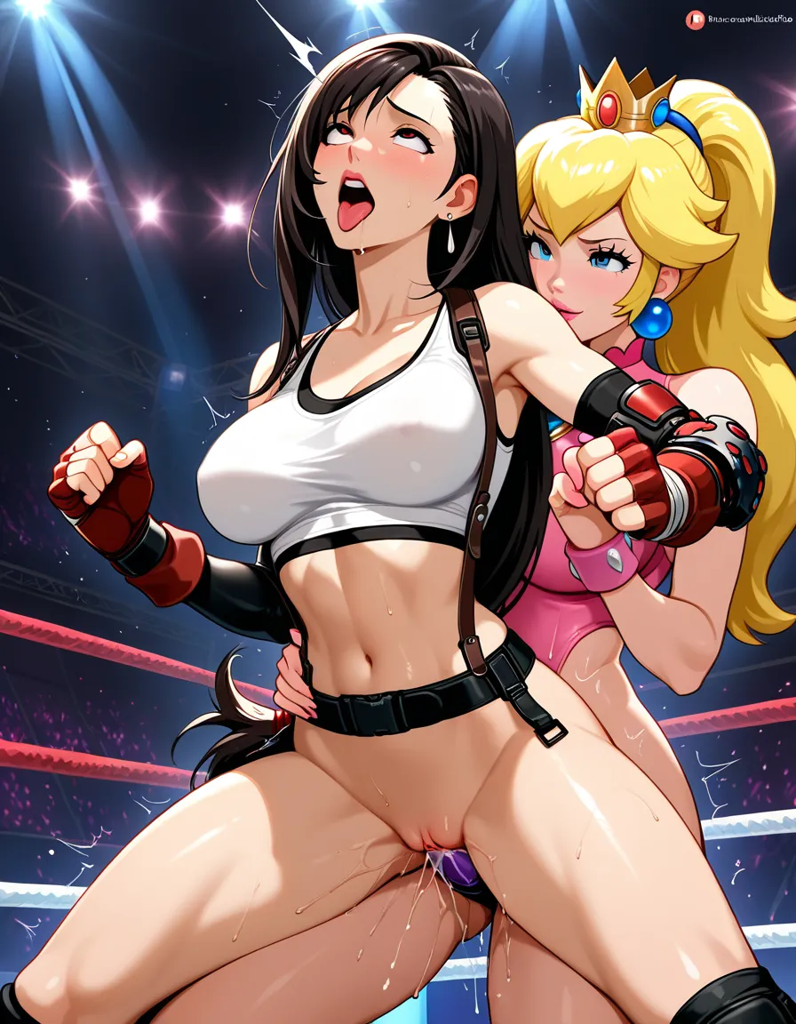 2girls, @tifa_lockhart , @princess_peach ,  wrestling , strap on, orgasm , ahegao , yuri , sex, pussy_juice, hentai_studio_quality, hentai_studio_quality