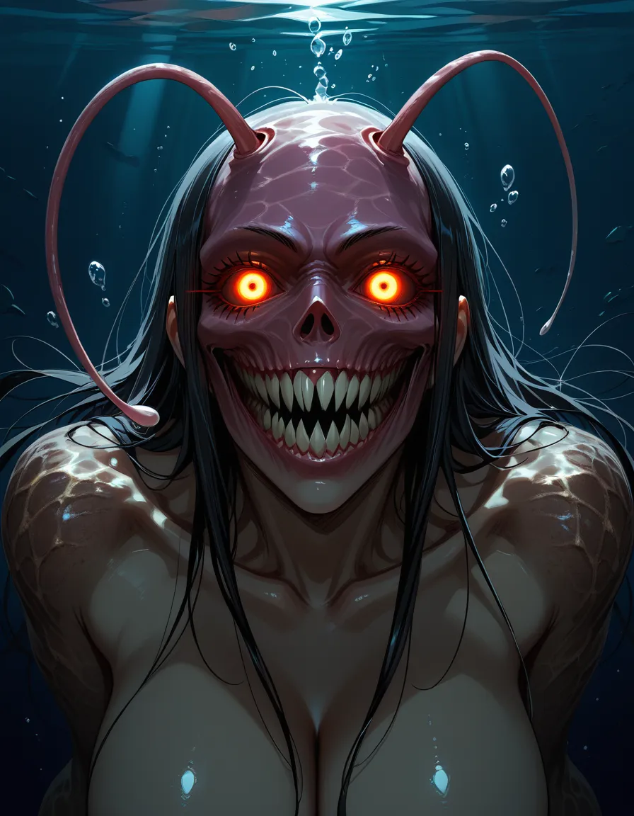 Monster girl anglerfish curvy horror large teeth glowing eyes posing underwater dark close up murky waters, hentai_studio_quality
