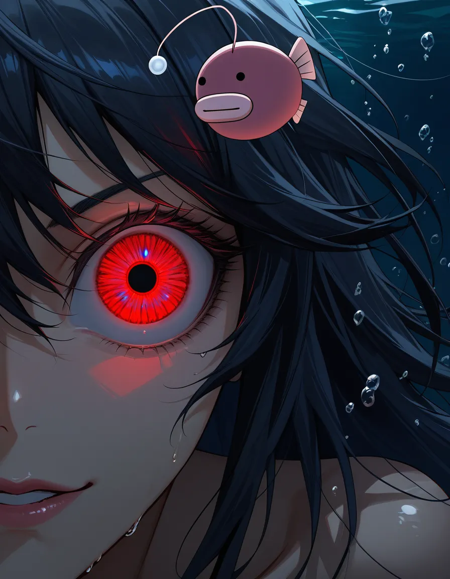 Monster girl anglerfish glowing horror eyes posing underwater dark close up murky waters, hentai_studio_quality, hentai_studio_quality