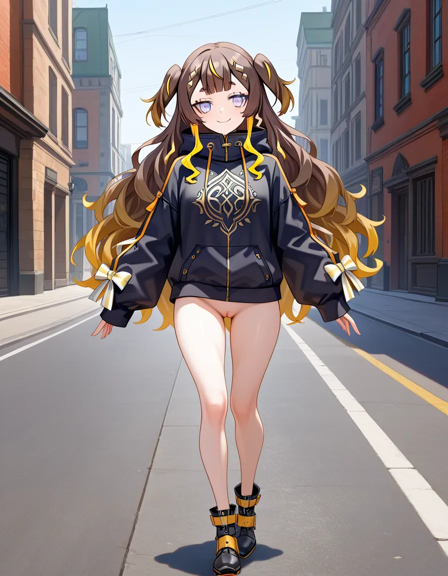 @anya_melfissa, bottomless , pussy, smile, walking, full_body, outside,, hentai_studio_quality