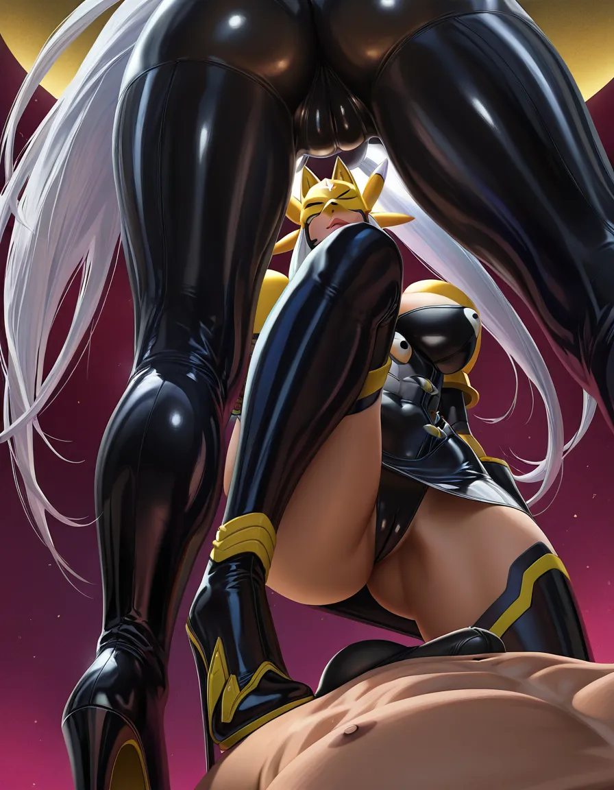 ultra detailed shading, masterpiece, clean art, highly_detailed, best_quality, sakuyamon, very_long_hair, white_hair, twintails, hentai_studio_quality, realistic, femdom, cameltoe, ass_visible_through_thighs, from_below, latex, latex_minidress, high_heel_boots, pussy_juice, full_body, skin_tight, looking_at_viewer, defined_legs, leaking_pussy, hentai_studio_quality