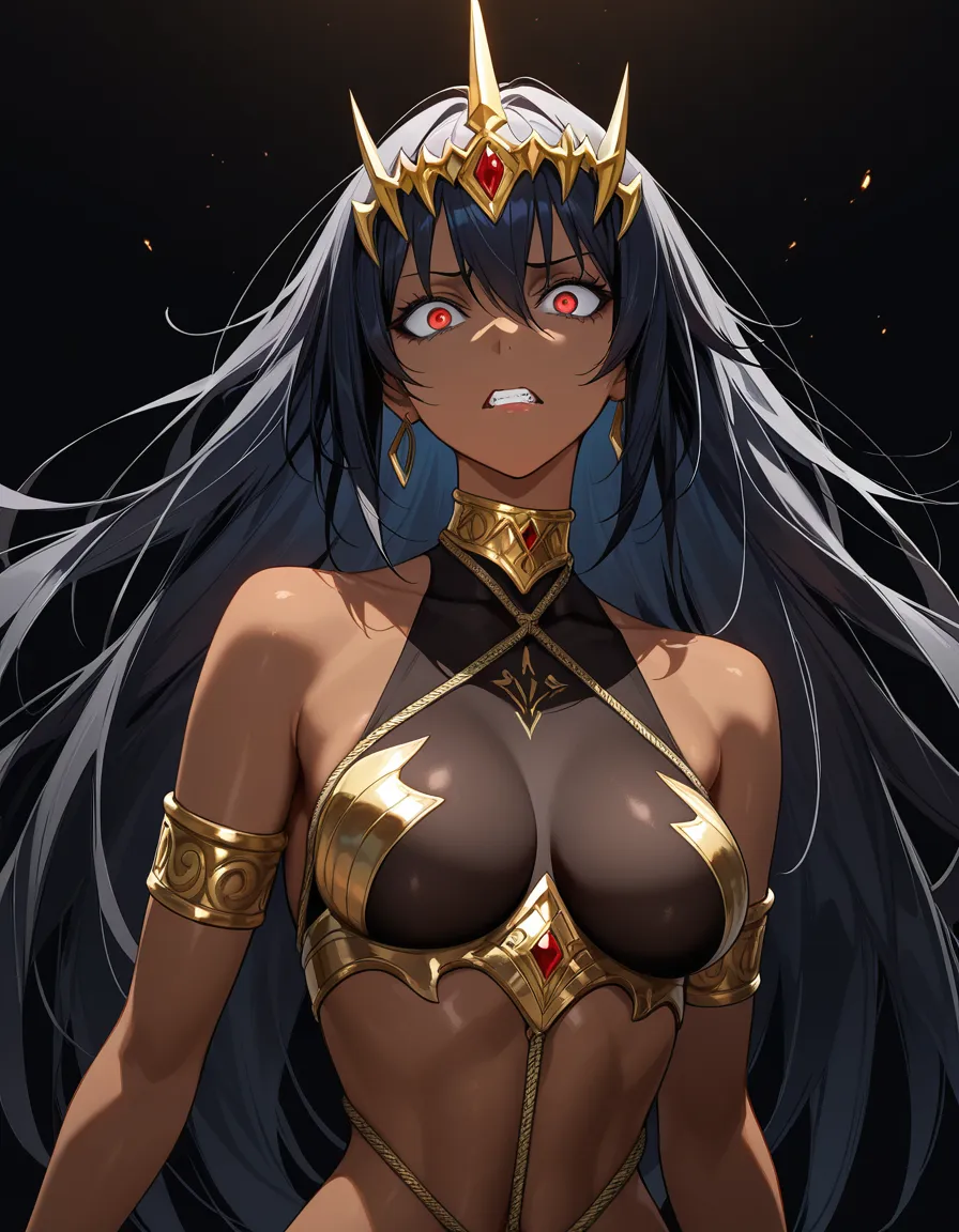 ultra detailed shading, solo female, bondage, dark-skinned female, black background, detailed shading, possession, hentai_studio_quality