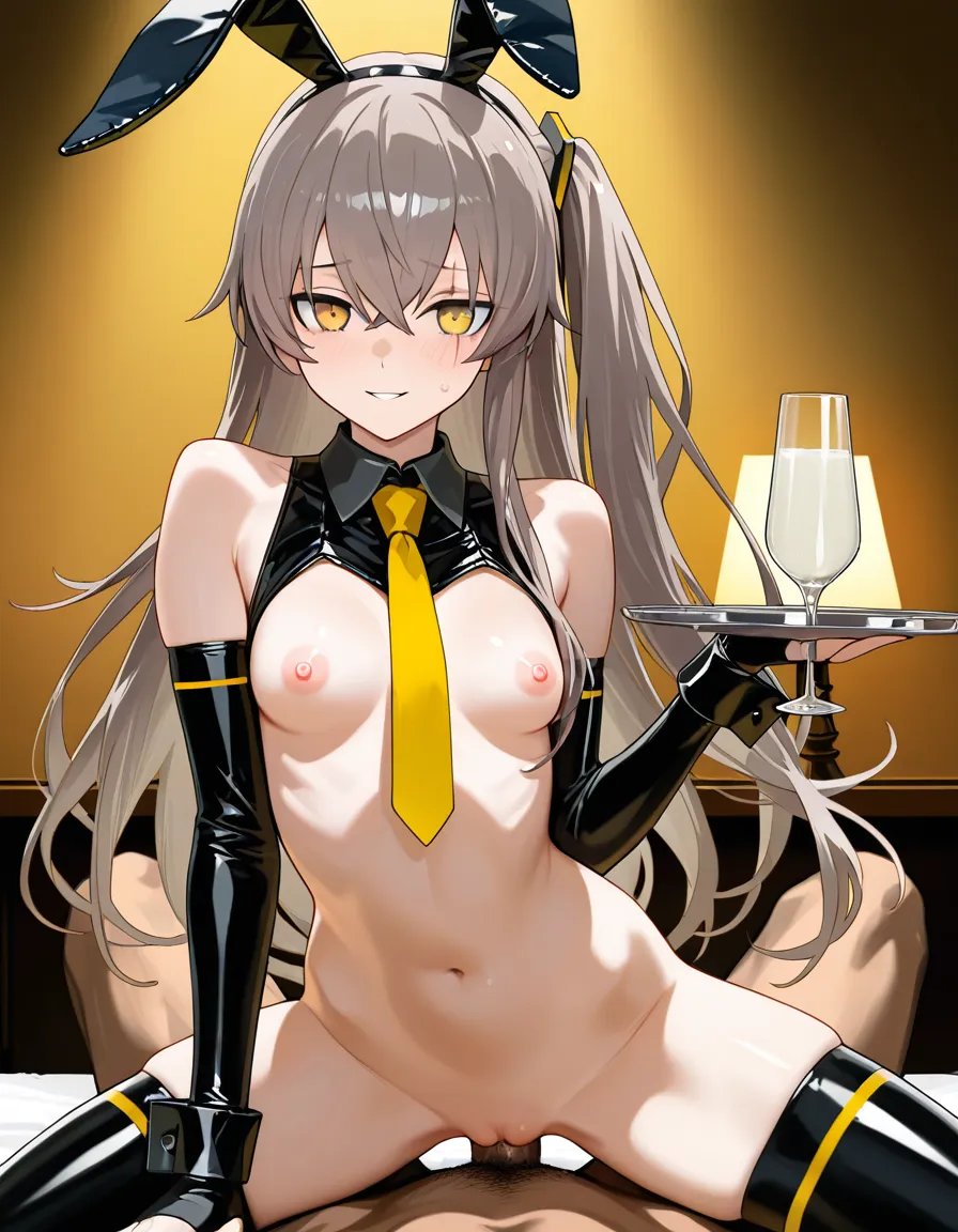 nsfw, ump45 from girls frontline, long light grey hair, yellow eyes, beautiful cool face, slim body, A cup small breasts, fair smooth skin, wearing extremely revealing black reverse bunny girl outfit, black bunny ears, yellow necktie with one black horizontal stripe at the tip, nipples and pussy completely exposed, explicit cowgirl position, straddling and riding thick cock passionately, body moving rhythmically, small breasts bouncing, wet tight pussy stretched around thick veiny penis, vaginal juices coating the shaft and dripping down, extremely lewd dâm đãng expression, heavy blush, clearly enjoying the sex, heavy_breathing , sex with man, 1 man, penis inside pussy, cock inside pussy, pussy_juice, cum_in_pussy , simple bedroom background, masterpiece, best quality, ultra detailed, 8k, sharp focus, dynamic low angle view, (anime style:1.3), 2d, anime screencap, cel shading, flat color, (anime style:1.3), 2d, anime screencap, cel shading, flat color, (anime style:1.3), 2d, anime screencap, cel shading, flat color, (anime style:1.3), 2d, anime screencap, cel shading, flat color