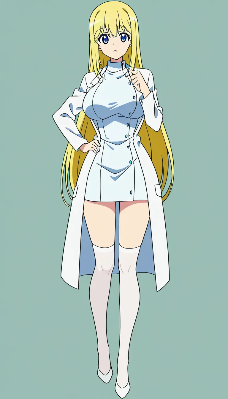 A nurse in an open white coat and white stockings, a blonde with long hair and blue eyes; the scene is set in the nurse’s office; she has large breasts, a big bum and a slim waist; the nurse is riding the lad’s cock, in the cowgirl position