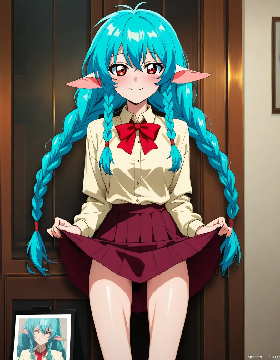 professional photo, high detail, skirt lift, leg spread, flirtuous smile, aquamarine hair color, blue-teal hair, two thick braids hairstyle, red eyes, blush, elongated elven ears, skinny, cinematic anime quality, retro anime look, bloom, lens imperfections, natural skin texture, hentai_studio_quality, hentai_studio_quality