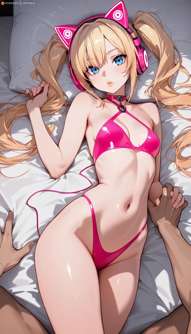 Studio quality, 8k, uhd, sharp focus, Masterpiece highly detailed, 1girl 1boy, slim and short narrow_waist blonde girl with long twintails, small_breasts, pink headphones in a shape of Cat ears, revealing thin pink monokini, peach skin, blue eyes, puffy lips, girl lying on bed, on back, pussy sex, cumming in pussy, lots of cum, big fat male, fat human naked, spread_legs, big fat male, size_difference, large_penis, deep pussy penetration, deep rough sex, hands on legs, on the bed, hotel room, focus on girl,