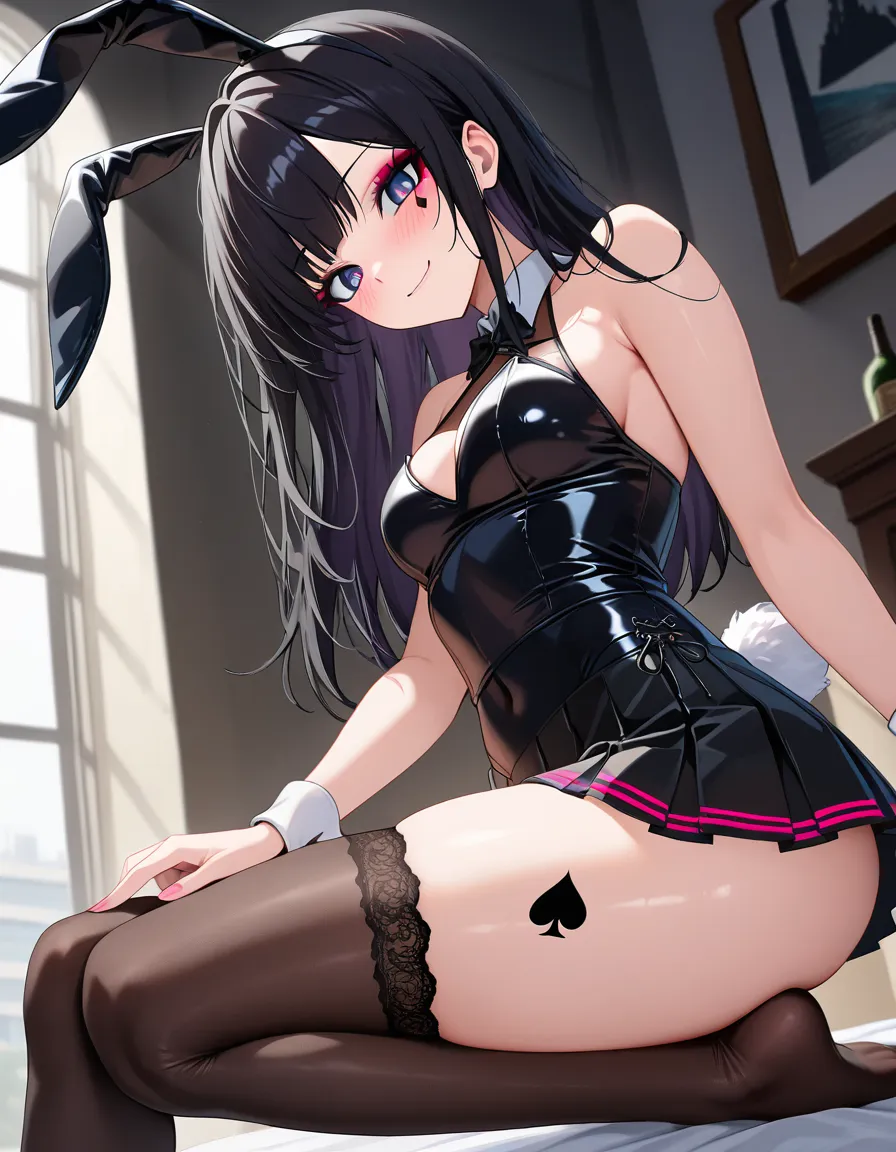 masterpiece, vivid, clean art, 1girl , long_hair, eager , encouraging, playboy_bunny , goth, black_hair , perfect feet , thighhighs, rabbit_ears , rabbit_tail, makeup , thighs , perfect_face, perfect_anataomy, perfect_proportions, spade tattoo on thigh, skirt, cheerleader , blush, light_smile, black dildo, squatting , dynamic, ass_visible_through_thighs , heart-shaped_pupils , pom_pom_(clothes) ,, hentai_studio_quality, hentai_studio_quality, hentai_studio_quality