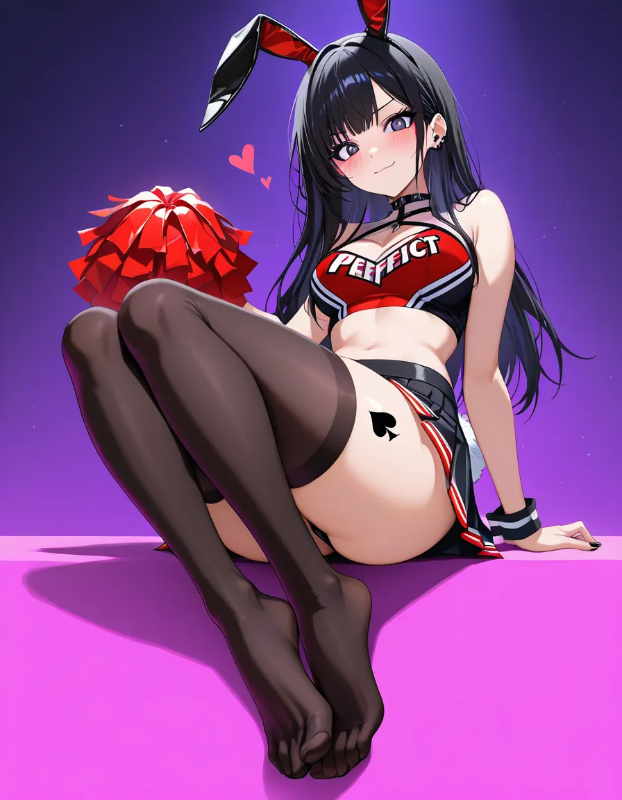 masterpiece, vivid, clean art, 1girl , long_hair, eager , encouraging, playboy_bunny , goth, black_hair , perfect feet , thighhighs, rabbit_ears , rabbit_tail, makeup , thighs , perfect_face, perfect_anataomy, perfect_proportions, spade tattoo on thigh, skirt, cheerleader , blush, light_smile, black dildo, claw_pose , dynamic, ass_visible_through_thighs , heart-shaped_pupils , pom_pom_(clothes) ,, hentai_studio_quality, hentai_studio_quality