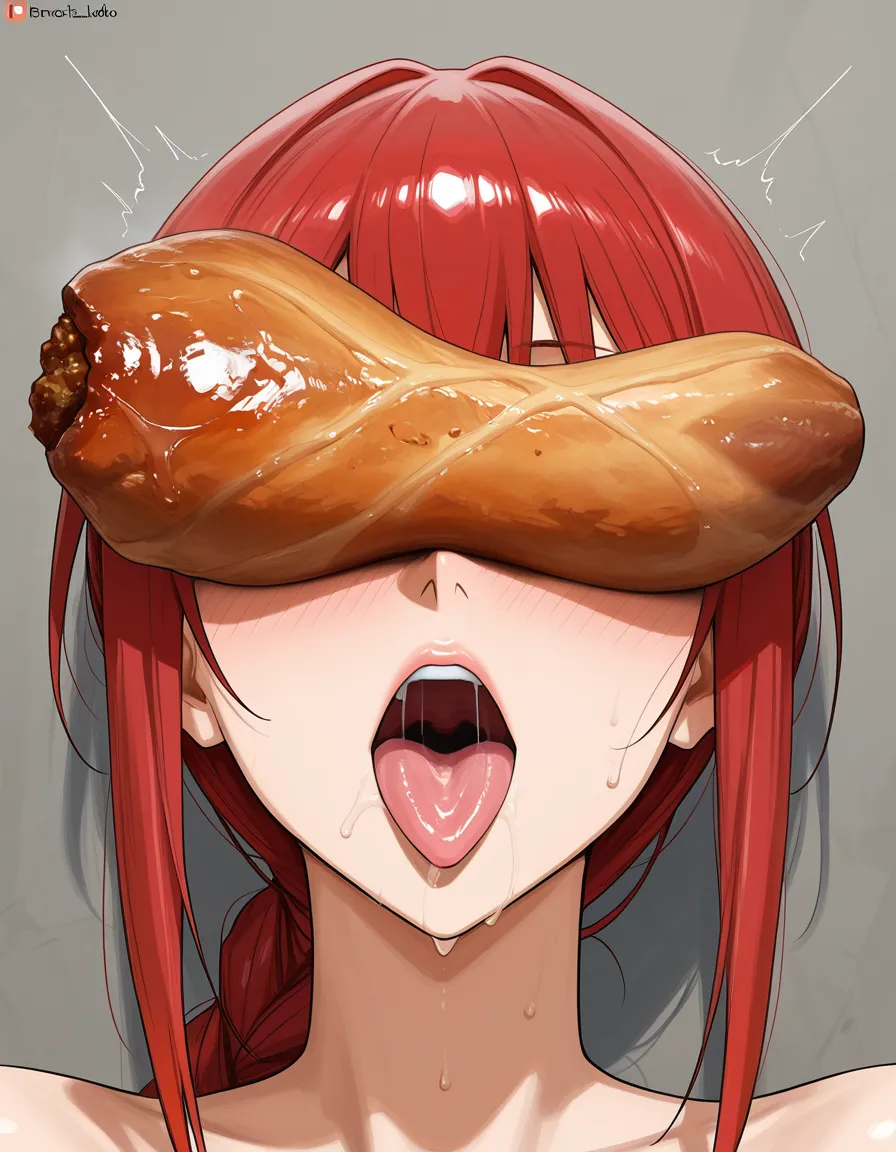 best quality, explicit detail, solo female, food, ahegao, portrait, eroge aesthetic, makima, BBC hanging over eyes_visible_through_hair, hentai_studio_quality