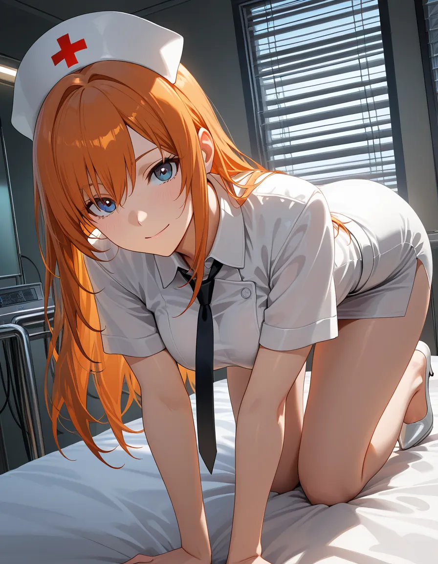 professional photo, high detail, nurse, white footwear, necktie, on all fours, window light, studio photo, hentai_studio_quality