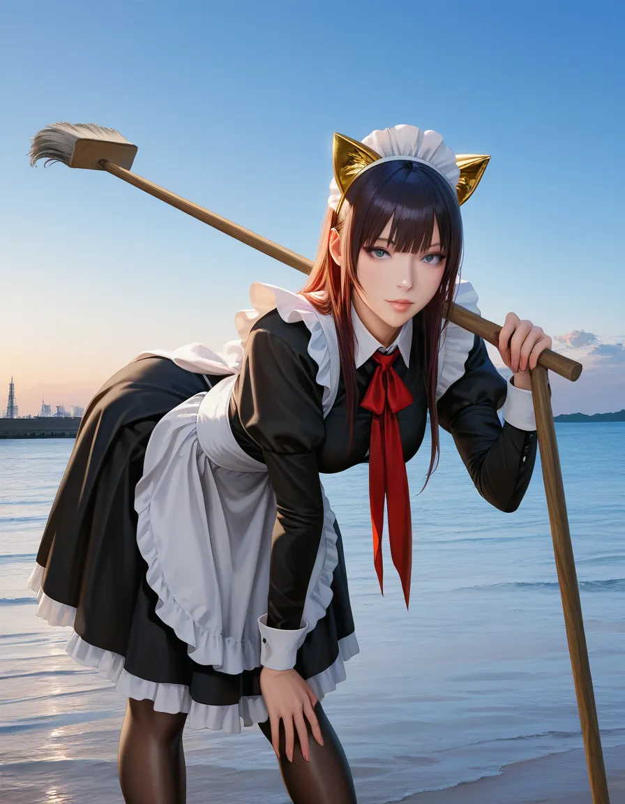 RAW photo, ultra realistic, over the shoulder, maid, bent over, fake animal ears, blue sky, hyperrealistic, hentai_studio_quality