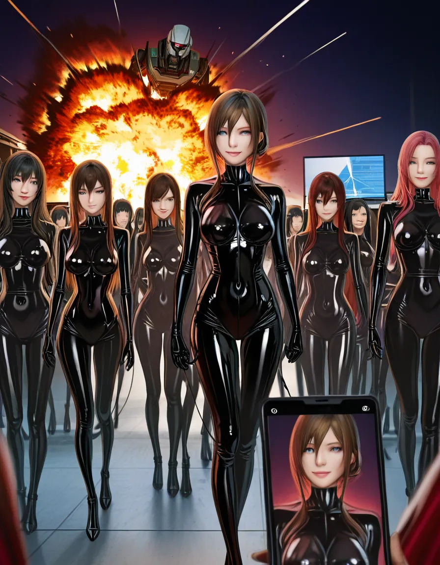 @makise_kurisu walking, #6+girls , smile, BDSM, femdom, pink_latex_dress, scientist, robot, explosion, score_9, score_8, candid photo, realistic skin texture, visible skin pores, film grain, depth of field, hentai_studio_quality, highly detailed, realistic, immersive, focus on female, dancing, hentai_studio_quality