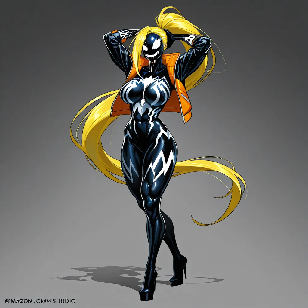 8k, sharp focus, detailed skin, solo female, blonde hair, jacket, stripping, natural skin texture1girl, (She-Venom, very long ponytail, big tall & muscular with hourglass figure, very large breasts, drooling, symbiote high heeled feet, amazon-sized symbiote female), (toned defined abs), (big muscular symbiote female), (big broad shoulders), (big symbiote girl), (big female symbiote with bulk proportions), (big muscle symbiote girl with bulk proportions), (big calves), (big thighs), (big arms), (big biceps), (big veiny symbiote), (big veiny shoulders), (big veiny abs), (big veiny muscular female symbiote), (big veiny symbiote girl), (big veiny calves), (big veiny thighs), (big veiny arms), (big veiny biceps), standing, fully erected veiny penis, red nighttime, red moon, futuristic city rooftop masterpiece digital painting, exquisite lightning and composition, 8k, sharp, very detailed, high resolution, illustration, breathtaking artwork, painterly art style, high quality, anime art, anime-style illustration with perfect clean lines, anime drawing/art, bold linework, cel shaded, anime-style digital illustration, it's an anime-inspired 3D-style anime illustration. Aesthetic high-skill, professional anime illustration, which looks like screencap from an anime series,. It has clean line work and a pleasant, appealing drawn aesthetic style. Overall, it's a world-class illustration with flawless line work, perfect composition, and impeccable detail. It's an anime screencap from a popular anime. Beautiful visual quality, remastered, extremely high quality, very aesthetic, high production value, high-skill masterpiece. The impeccable and beautiful composition and contrast. It's exquisite anime screencap style image. [sharp-line-anime-style]