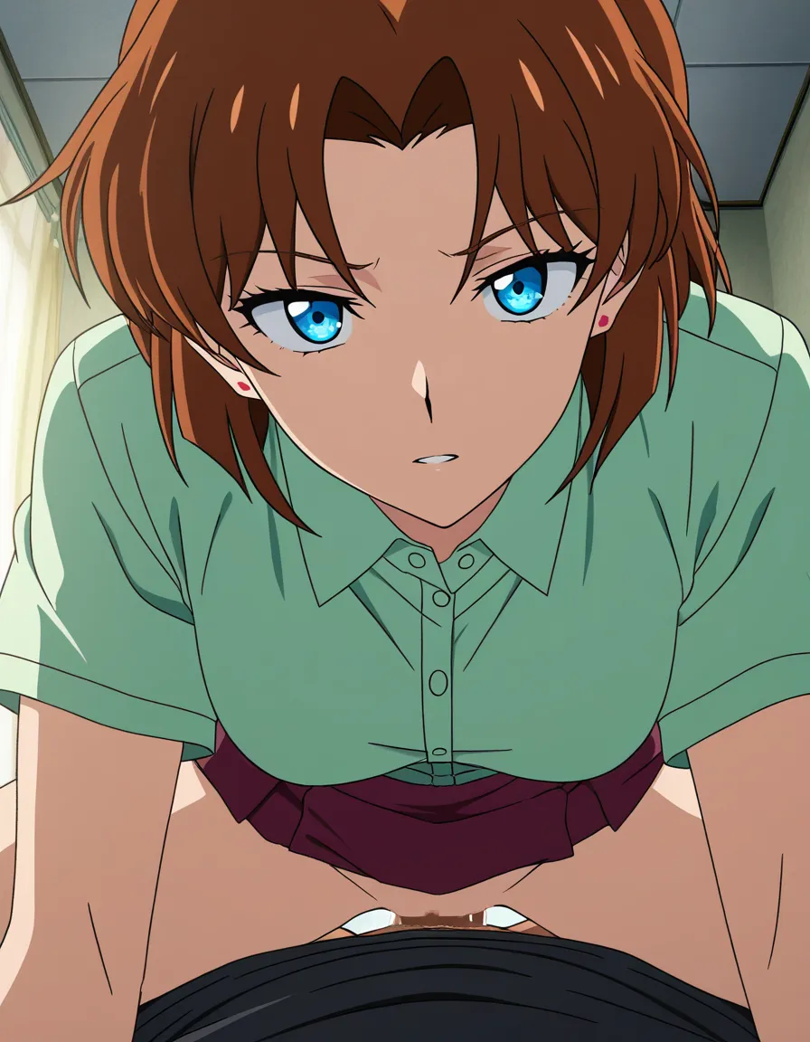 ultra detailed, brunette woman, skirt, creampie, dominant stare, close-up, vivid anime colors, (anime style:1.3), 2d, anime screencap, cel shading, flat color, @00osamio00