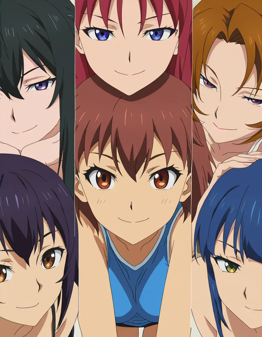 highly detailed, natural lighting, close-up, 5girls, on all fours, hands up, Hentai, anime, seductive_smile , latina, femdom, Share, hentai_studio_quality, riding, (anime style:1.3), 2d, anime screencap, cel shading, flat color