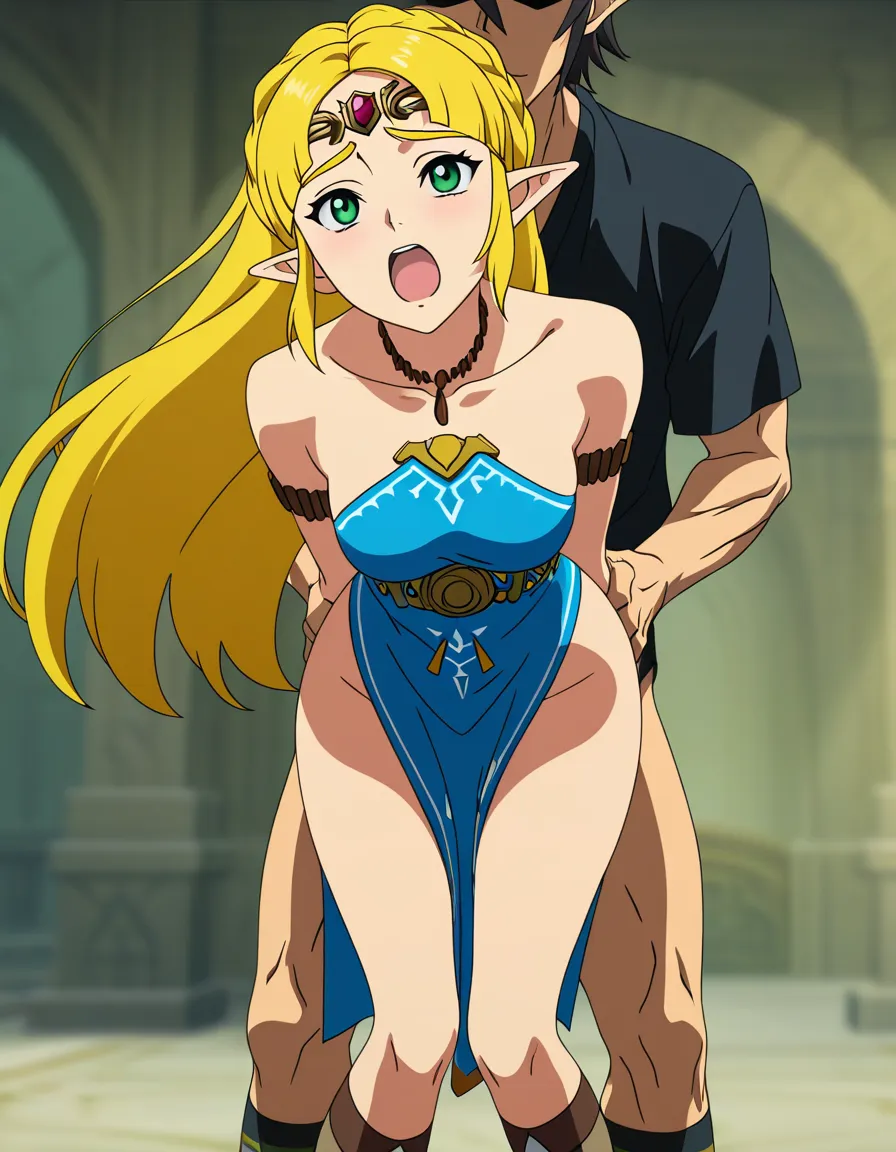 @princess_zelda, ultra detailed, 1boy, bare shoulders, socks, doggy style, blurry background, intense passion, soft cel shading, hentai_studio_quality, (anime style:1.3), 2d, anime screencap, cel shading, flat color