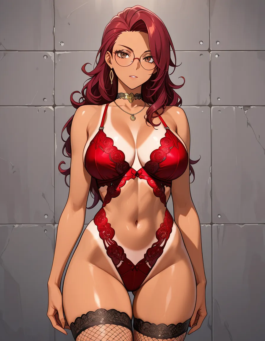 Woman with tan skin, brown eyes, deep red curly mullet with a fringe and dark brown shaved undercuts on both temples. Round glasses. Choker necklace, matching lingerie set, fishnet stockings,, hentai_studio_quality