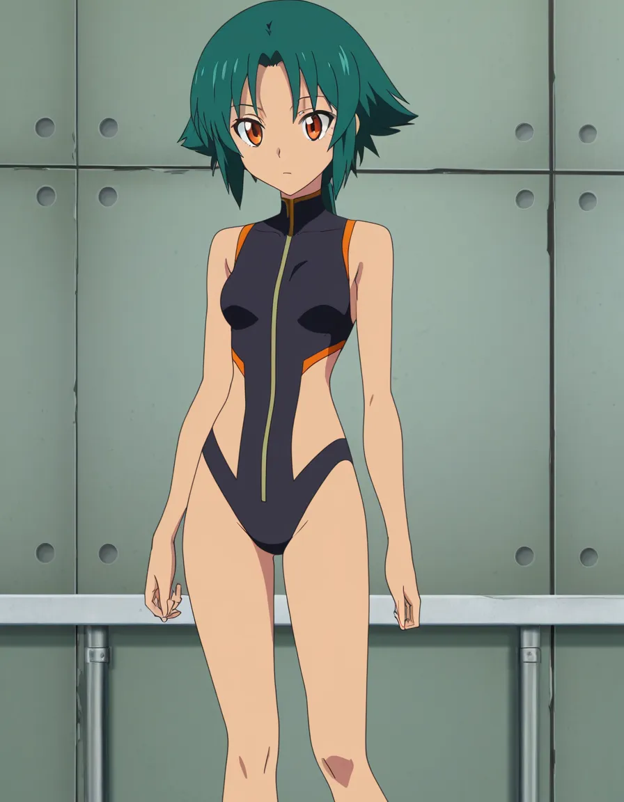 Random piston cropped_legs orange_eyes soi fon, (anime style:1.3), 2d, anime screencap, cel shading, flat color