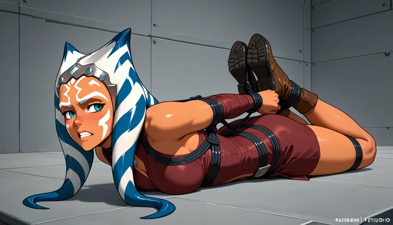 ahsoka tano from star wars tightly bound in a hogtie trying to escape