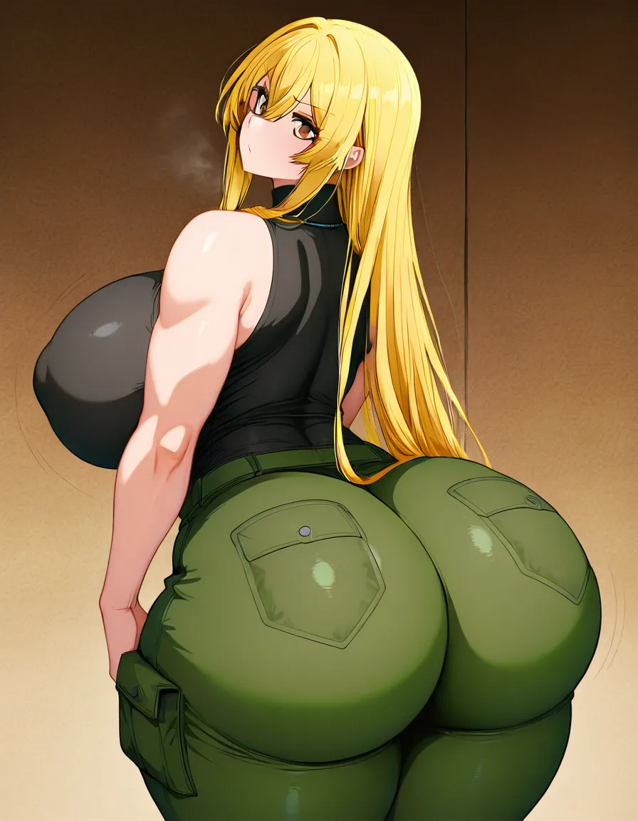 Yuki Tsukumo has a curvy body with huge breast, huge ass and thick thighs. She has long blonde hair that extends well down her back. She has wide brown eyes with thin eyebrows. Yuki wears a black sleeveless turtleneck top with a zipper on the neck and the crest on the zipper’s button. This attire continues with Red baggy cargo pants, which also carries a button with the same crest, with large black vertical lines on the pockets that has black ribbons attached to the pockets. bedroom red_pants, (anime style:1.3), 2d, anime screencap, cel shading, flat color