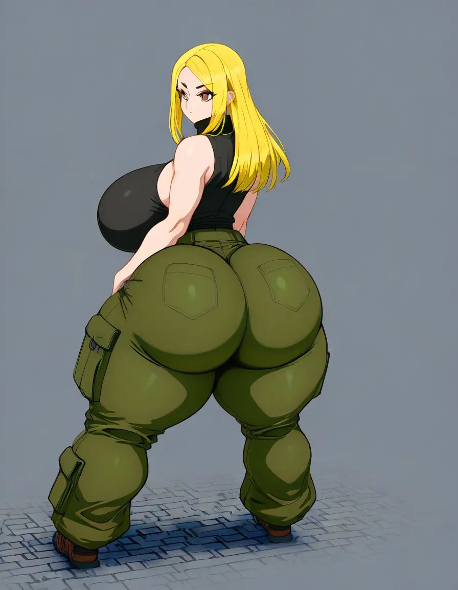 Yuki Tsukumo has a curvy body with huge breast, huge ass and thick thighs. She has long blonde hair that extends well down her back. She has wide brown eyes with thin eyebrows. Yuki wears a black sleeveless turtleneck top with a zipper on the neck and the crest on the zipper’s button. This attire continues with Red baggy cargo pants, which also carries a button with the same crest, with large black vertical lines on the pockets that has black ribbons attached to the pockets. bedroom red_pants undressing one_breast_out horny mature_female, hentai_studio_quality
