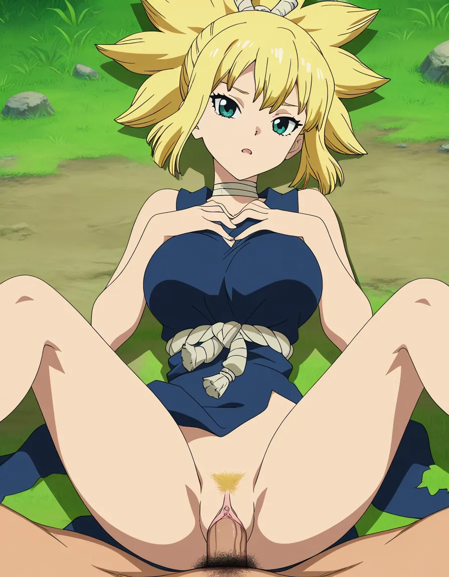 /masterpiece, /best_quality, @Kohaku_(dr.stone) , pubic_hair, missionary, on_back, legs open, presenting, (anime style:1.3), 2d, anime screencap, cel shading, flat color