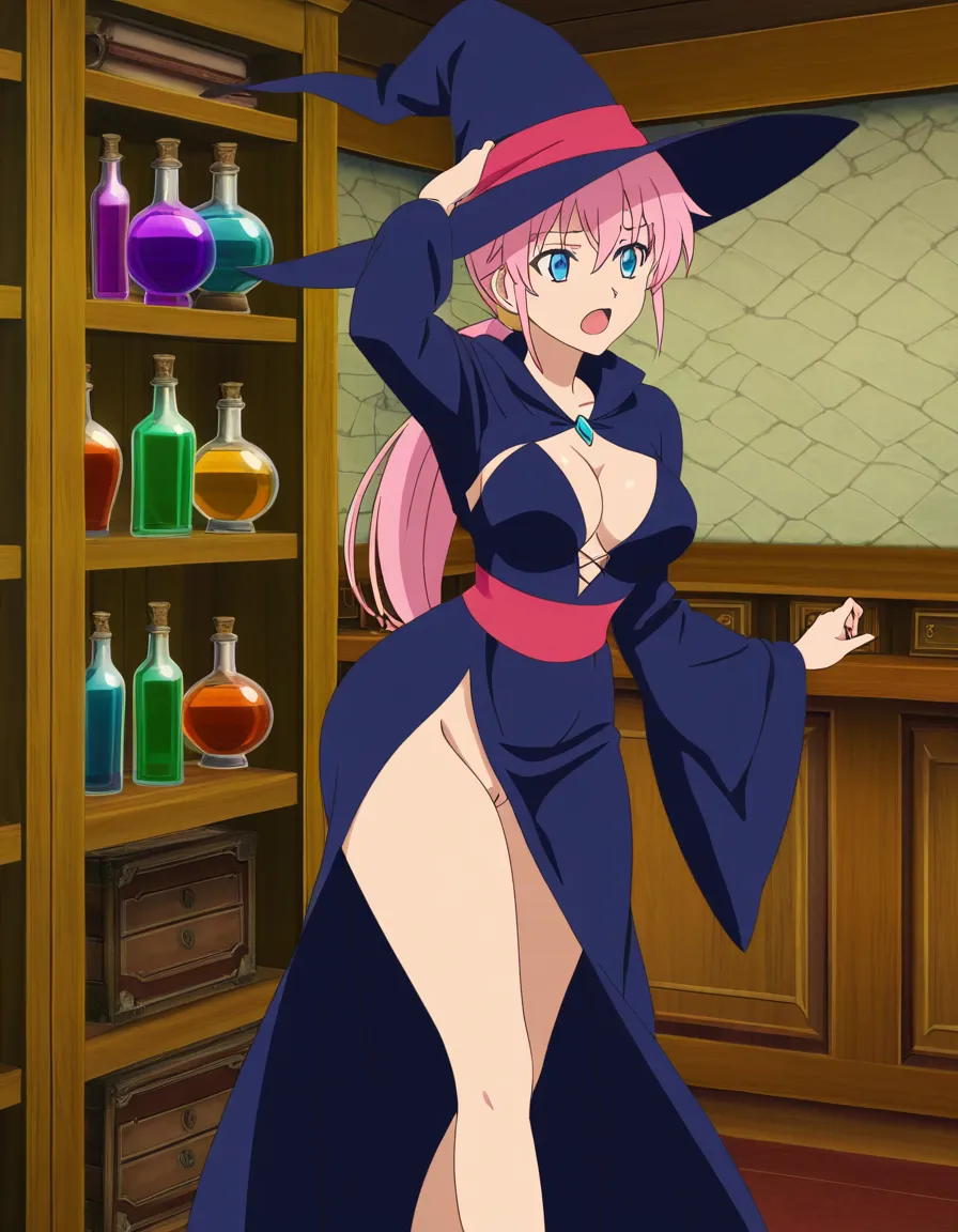 futanari, pink_hair, ponytail, blue_eyes, medium_breasts, wide_hips, witch costume, long_dress, open_mouth, anal, pussy, indoors, potion shelves, (anime style:1.3), 2d, anime screencap, cel shading, flat color