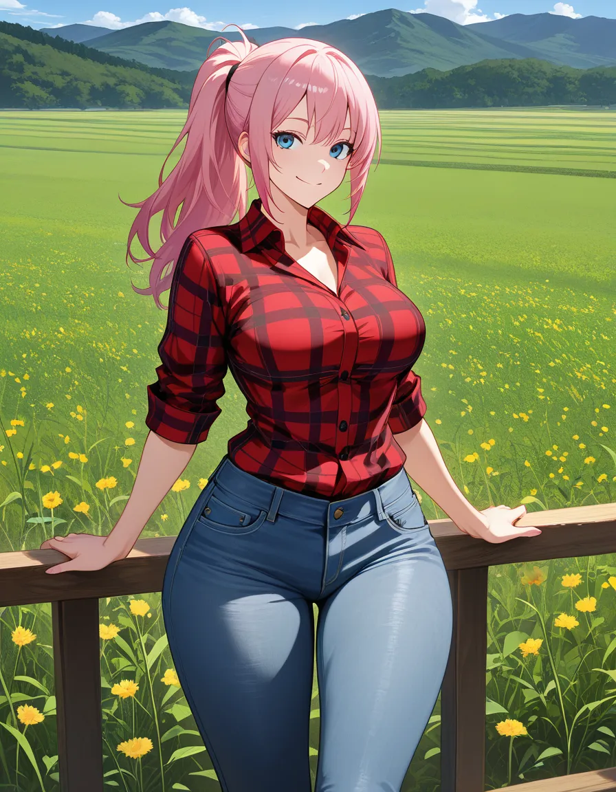 futanari, pink_hair, ponytail, blue_eyes, medium_breasts, wide_hips, smile, jeans, flannel shirt, field, hentai_studio_quality
