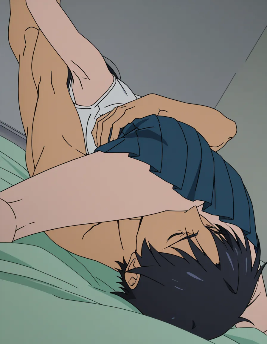 masterpiece, clean art, 2boys, armpits, pleated skirt, 69 position, tender moment, soft cel shading, (anime style:1.3), 2d, anime screencap, cel shading, flat color
