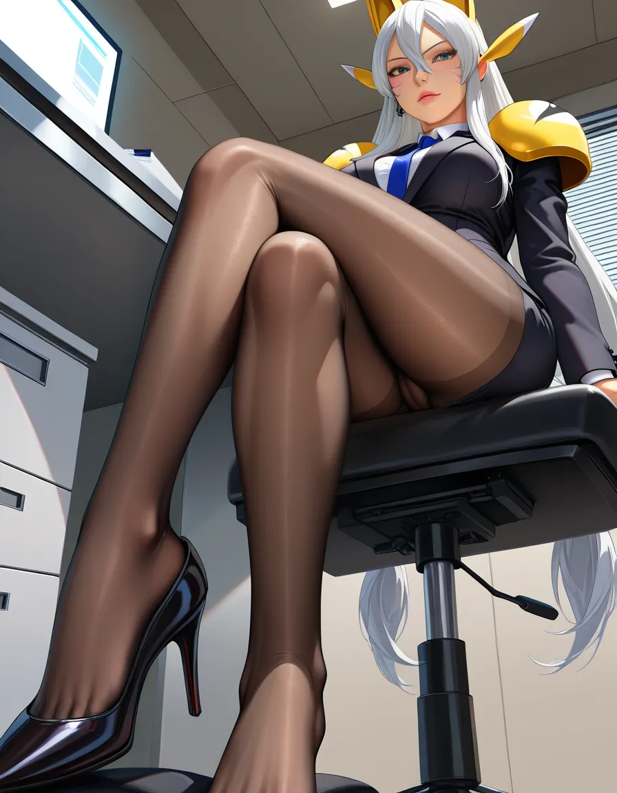 ultra detailed shading, masterpiece, clean art, highly_detailed, best_quality, hentai_studio_quality, realistic, sakuyamon, very_long_hair, white_hair, twintails, feet, femdom, office_lady, miniskirt, formal_clothes, cameltoe, sitting, crossed_legs , from_below, pantyhose, toes, feet, solo, 1girl, pussy_juice, leaking_pussy, hentai_studio_quality